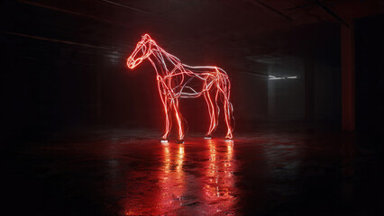 Glowing red neon wireframe horse sculpture illuminates a dark, reflective industrial space, casting vibrant reflections on the wet floor.
