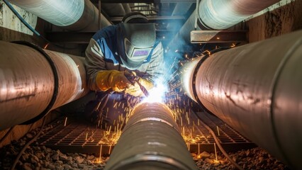 Caucasian man welding pipe with protective gear, sparks flying. Industrial work and construction in a utility corridor.