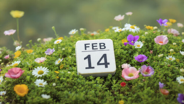 A calendar cube showing February 14th sits nestled in a bed of various colorful wildflowers and lush green moss, evoking spring and Valentine's Day.