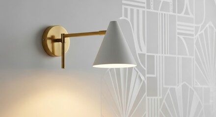 Modern cone shaped wall sconce with brass arm and warm illumination on textured wall