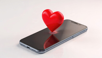A red 3D heart icon floats above a smartphone screen, symbolizing digital love, connection, or online dating on a reflective white background.