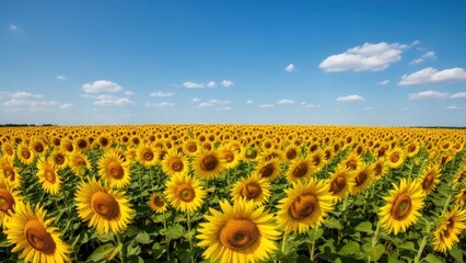 Vast field of bright yellow sunflowers under a clear blue sky, demonstrating natures beauty and agricultural bounty, perfect for summer themes.