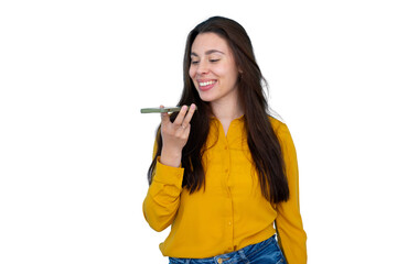 Young woman recording voice message using smartphone speaker with a smile, communicating and connecting digitally on transparent background