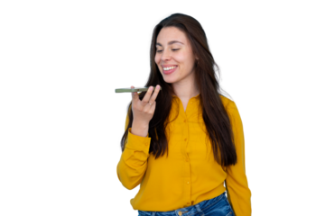 Young woman recording voice message using smartphone speaker with a smile, communicating and connecting digitally on transparent background