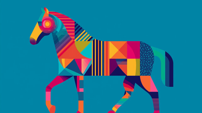 Playful yet professional geometric horse created from simple shapes and bold modern colors, startup design language, minimal layout, clean 2026 typography, advertising-ready compos