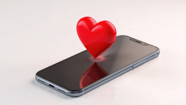 A red 3D heart icon floats above a smartphone screen, symbolizing digital love, connection, or online dating on a reflective white background.