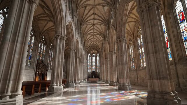 Grand architectural interior with gothic arches and stained glass windows