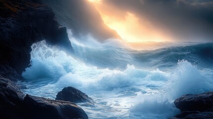 A dynamic image of crashing waves pulling back into the ocean on a rocky shore