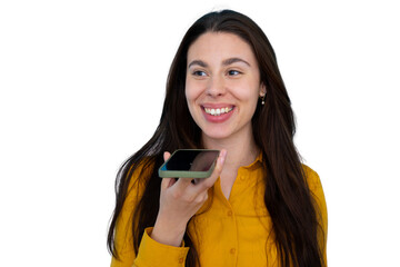 Young woman smiling, talking on smartphone, sending voice message, communicating with friends, transparent background