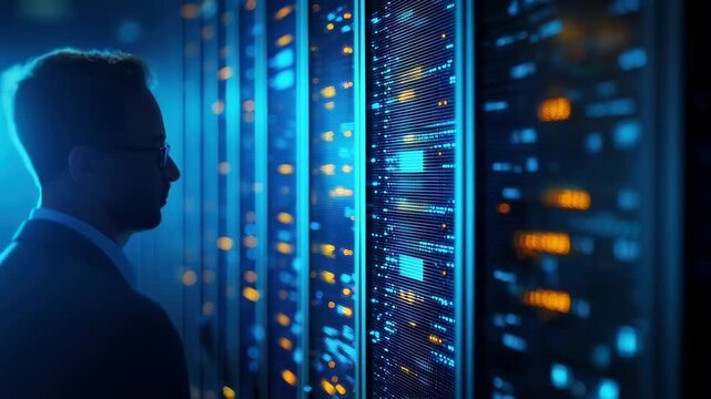 Secure data center server network cybersecurity technology man back view at blue and orange light rack in high tech server room for enterprise