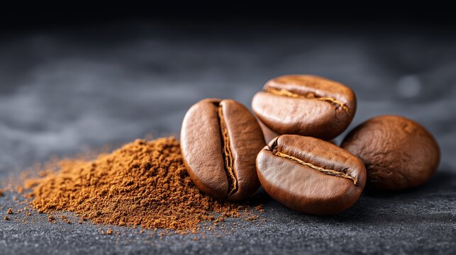 Close-up macro of shiny roasted Arabica coffee beans with ground coffee on dark surface, showcasing rich textures and inviting aroma for coffee enthusiasts and culinary creatives