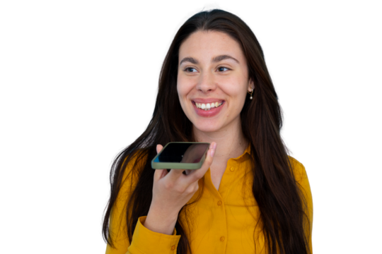 Young woman smiling, talking on smartphone, sending voice message, communicating with friends, transparent background