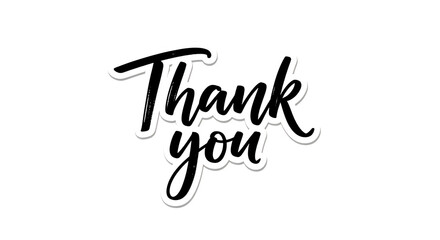 Handwritten script text saying Thank you with a white outline and shadow, isolated on white or transparent background, PNG