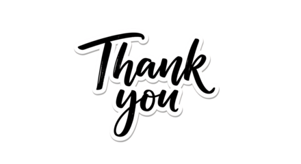 Handwritten script text saying Thank you with a white outline and shadow, isolated on white or transparent background, PNG