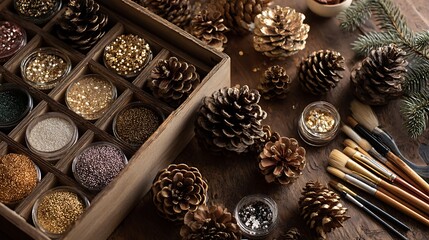 Pine cones and glitter for a festive christmas craft project on wood