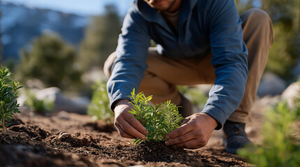 A volunteer planting trees in a reforestation project, kneeling in fresh soil as sunlight filters through young saplings — environmental activism, sustainability efforts, and hands-on ecological