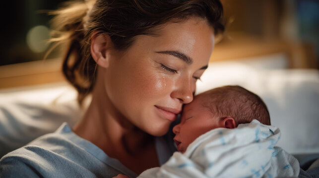 Close-up of a mother’s tearful eyes as she kisses her baby’s forehead for the first time — raw, intimate emotion capturing the overwhelming love, awe, and gratitude of new motherhood. cinematic