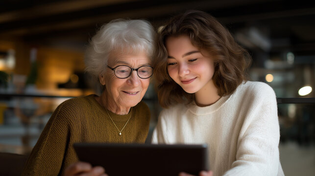 A volunteer helping an elderly person fill out digital forms on a tablet at a neighborhood center, smiling patiently as they work together — digital inclusion, intergenerational support, and