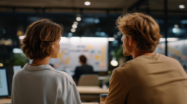 A behind-the-scenes startup office scene where teams brainstorm on large wall boards, designers sketch UX layouts, and founders refine pitches over coffee — entrepreneurial culture, creative