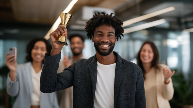 A startup founder ringing a ceremonial bell after securing their first round of funding, surrounded by excited team members capturing the moment on their phones — entrepreneurial milestone, growth