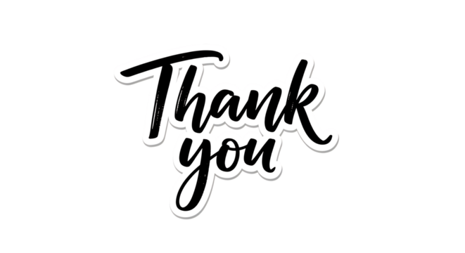 Handwritten script text saying Thank you with a white outline and shadow, isolated on white or transparent background, PNG