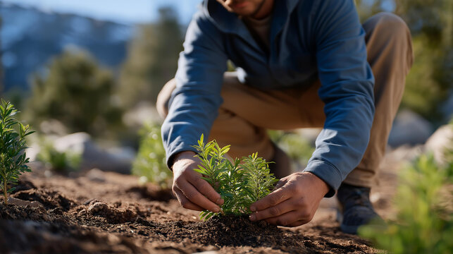 A volunteer planting trees in a reforestation project, kneeling in fresh soil as sunlight filters through young saplings — environmental activism, sustainability efforts, and hands-on ecological - Powered by Adobe