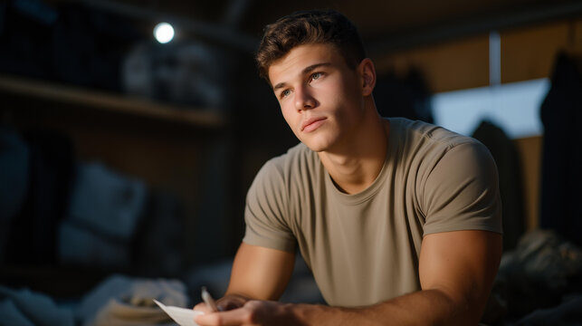A recruit sitting on their bunk at night writing a letter home under dim barracks lighting, thoughtful expression showing homesickness mixed with pride — emotional military life, personal