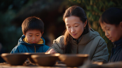 Cultural ambassadors guiding participants through a hands-on craft session involving calligraphy, weaving, or pottery techniques unique to different regions — tactile heritage appreciation and