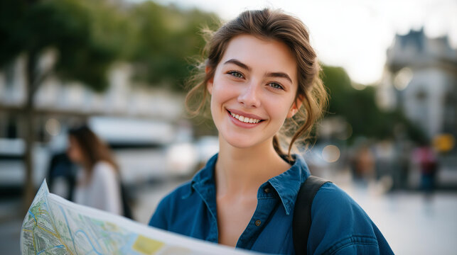 A tourism information desk in a city center where a cheerful staff member hands out brochures, recommends hidden local spots, and marks routes on a large map — travel planning, visitor engagement,