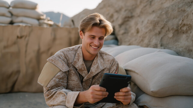 A deployed service member video-calling family on a rugged tablet, smiling despite exhaustion while sitting against sandbags — long-distance communication, emotional connection, and the human side