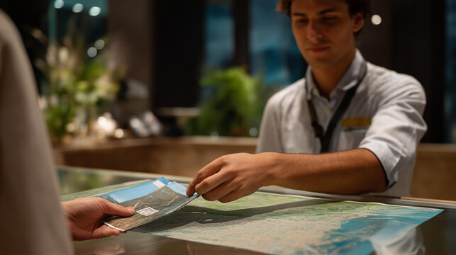 A tourism information desk in a city center where a cheerful staff member hands out brochures, recommends hidden local spots, and marks routes on a large map — travel planning, visitor engagement,