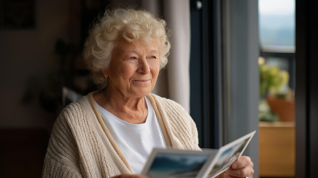 An elderly woman sits quietly by her window, holding an old photograph in her hands, morning light casting gentle shadows &mdash; nostalgia blooms in soft focus. Her eyes shimmer with distant memories as