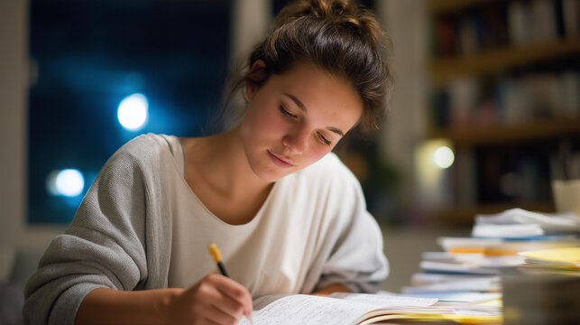 A parent studying late at night after putting their children to bed, surrounded by textbooks and sticky notes — emotional dedication, personal education goals, and balancing family with
