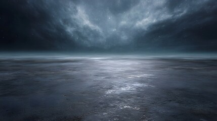 A dark atmospheric landscape with stormy clouds and a textured ground under a celestial sky