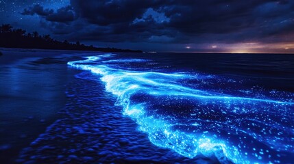 A glowing shot of bioluminescent algae on ocean water at night