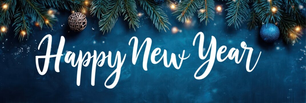 Happy new year festive background with fir branches and sparkling ornaments