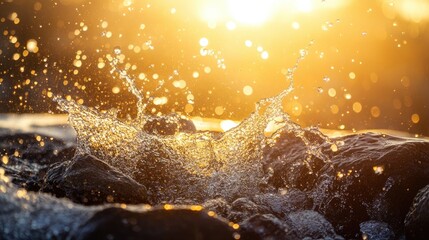 A golden hour abstract of water splashing against jagged rocks