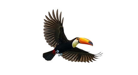 Obraz premium Toucan bird, with bright orange beak flying with wings spread, isolated on a transparent background, cutout, PNG