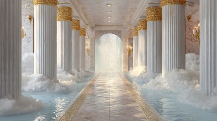 Grand hall with white columns and golden trim immersed in ethereal light mist and water for heavenly sacred journey concept.