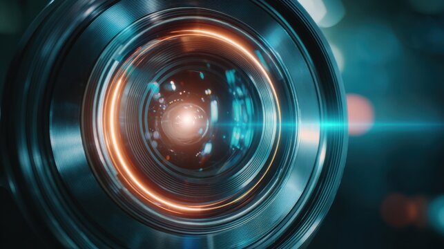 Close-up of a camera lens with an orange glowing ring and light flare. Concept of photography, videography, technology, and futuristic vision. - Powered by Adobe