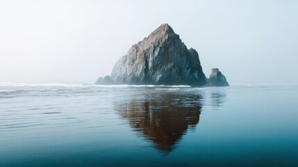 Naklejka premium Large rock formation stands majestically in calm ocean water, reflecting on the surface. Minimalist nature scene with heavy fog for mood.