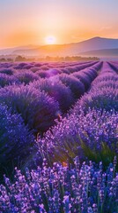 Obraz premium Lavender field at sunrise, purple flowers stretching into horizon, dreamy nature phone wallpaper.
