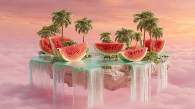 Watermelon slices and palm tree island floating on pink clouds. Surreal summer landscape with waterfalls. Fantasy tropical vacation concept. - Powered by Adobe
