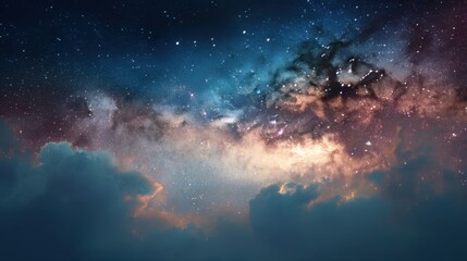 Starry night sky with vibrant milky way galaxy and dark clouds as celestial background for astronomical exploration concept.