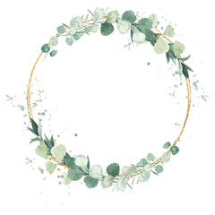 Watercolor flower wreath with gold circle frame.
