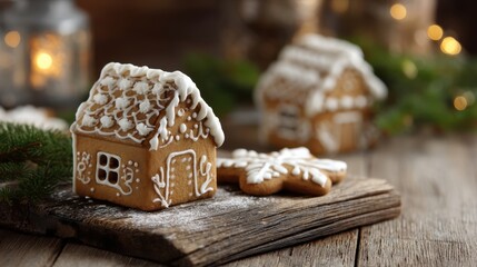 Decorated gingerbread house cookie with snowflake on a wooden board. Holiday season baking and Christmas treat for festive celebration.
