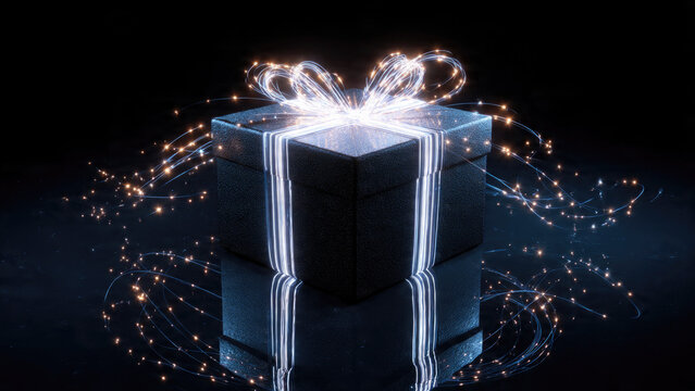 A sleek, dark gift box elegantly tied with luminous light ribbons, emitting vibrant, sparkling energy trails across a reflective dark surface, symbolizing mystery and technology.