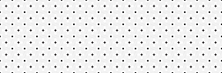 Seamless geometric vector pattern of squares and stars made of dotted and straight lines.