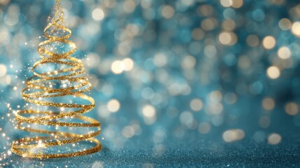 Abstract golden Christmas tree creating a festive holiday greeting card background. Shiny glitter design with bokeh for New Year celebration.