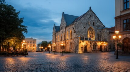 Cobblestone square in an old european town at twilight with ancient stone building and glowing street lamps. Historic city street at night. Travel destination.